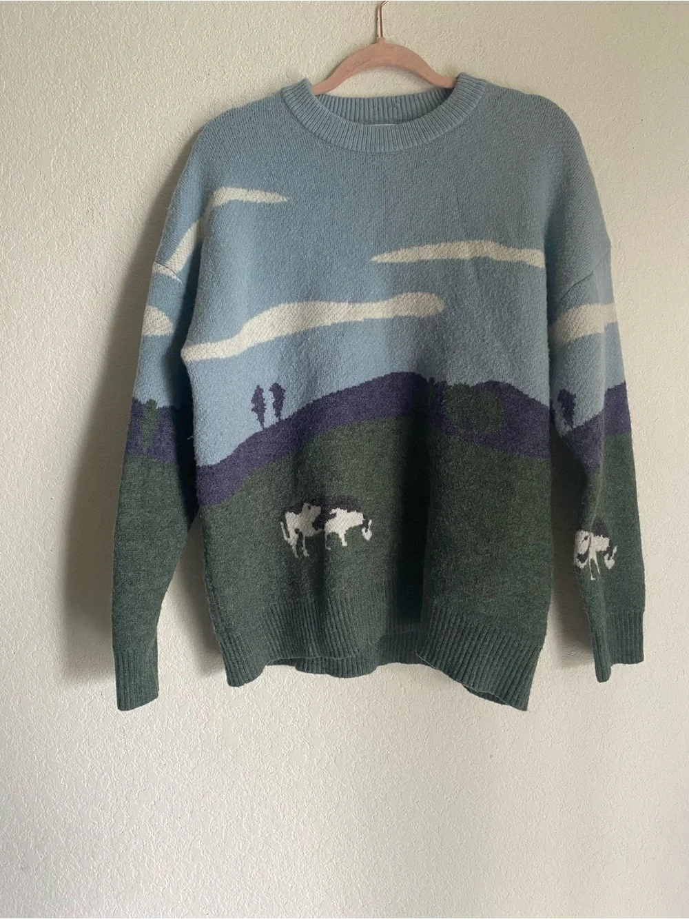 Scenic Prairie Cow Pattern Knit Sweater Size Large - Picture 2 of 6